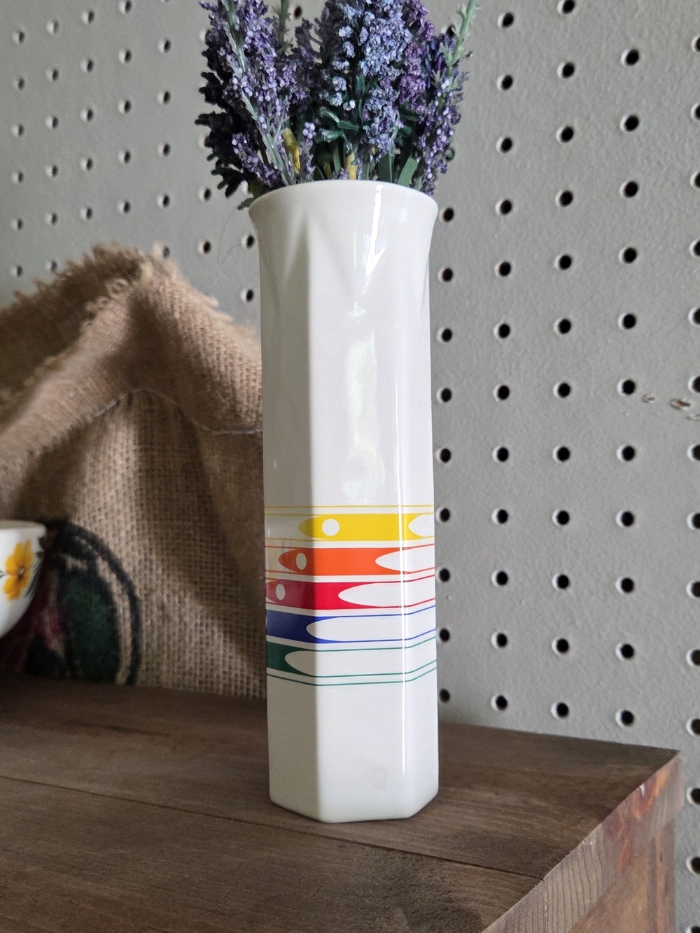 White Ceramic Rainbow Stripe Vase